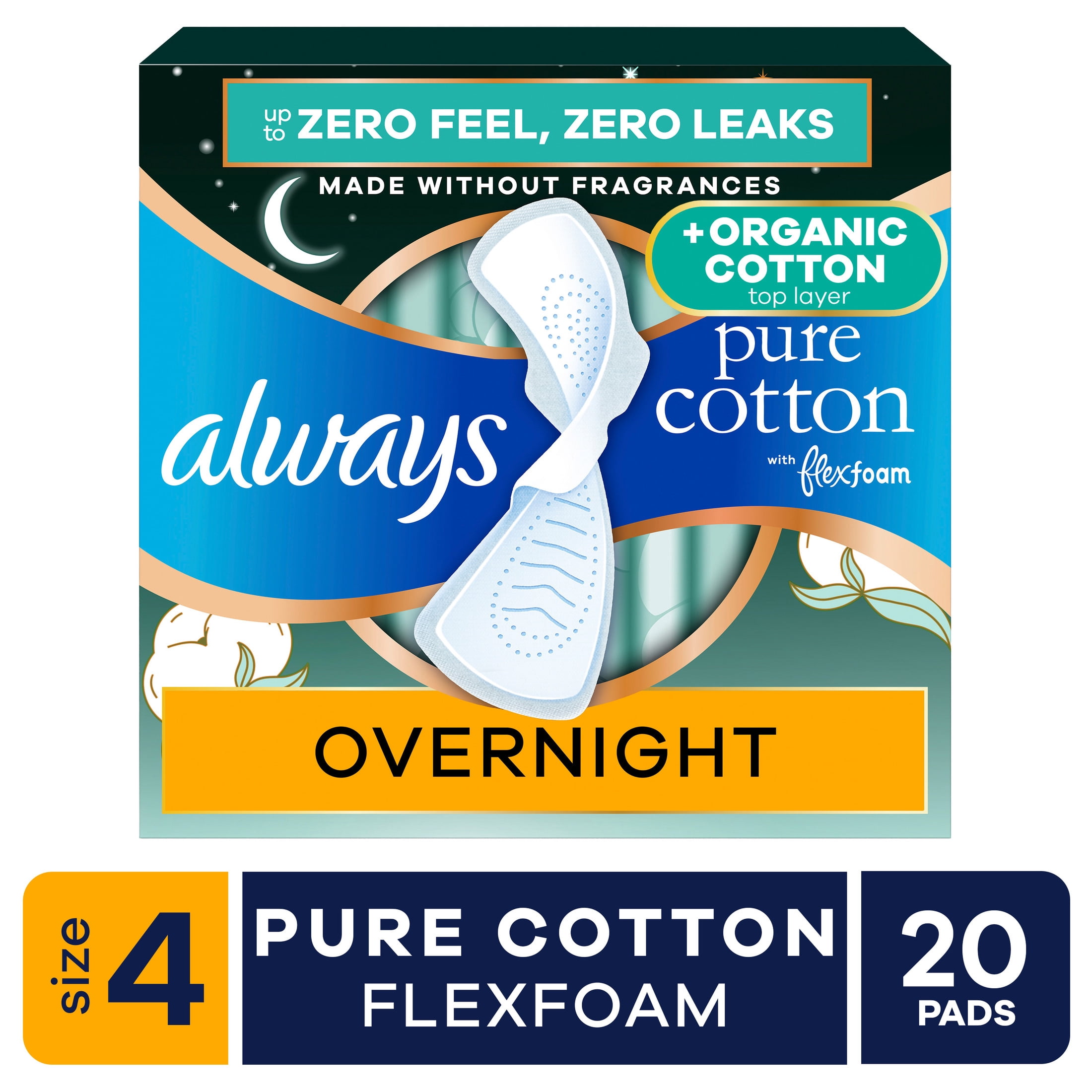 (3 pack) Always Pure Cotton Pads with Organic Top Layer, Size 4 Pads with Wings, Overnight, Heavy Absorbency, 20 Count