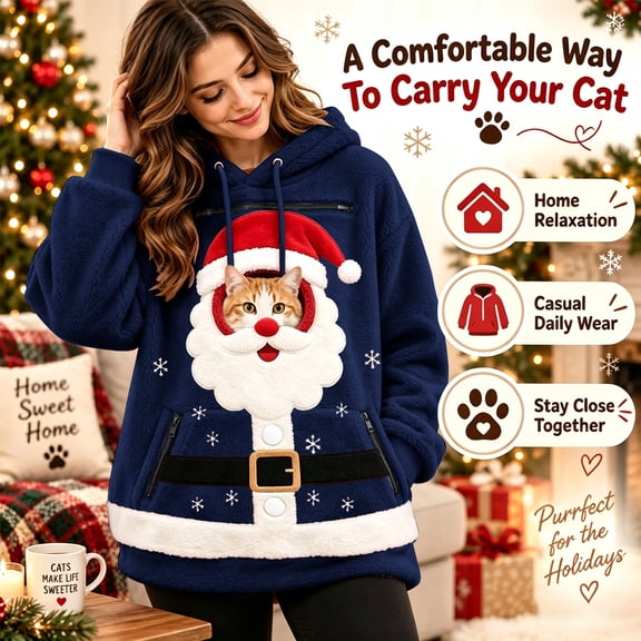 BOOMNY Christmas Pet Pouch Hoodie for Women Santa Claus Graphic Long Sleeve Cat Dog Hoodies for Women Kangaroo Pocket Warm Winter Animal Holder