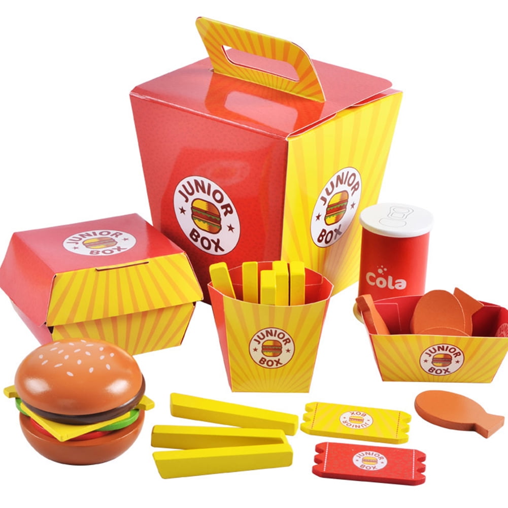 Yesbay Simulation Wooden Hamburger Fries Fast Food Mdeol Set Kids