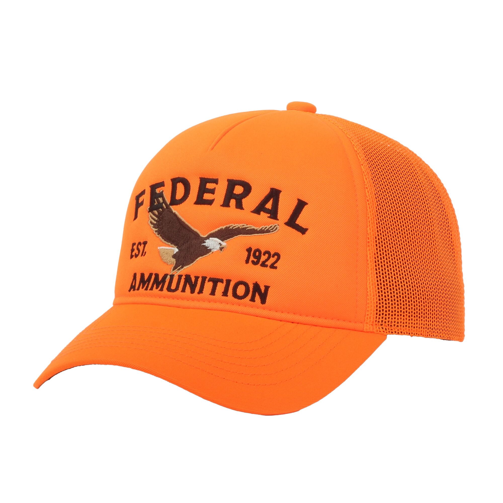 Federal Ammunition Structured 5-Panel Trucker Hat – Blaze Orange Embroidered Eagle Logo Meshback Cap, One Size