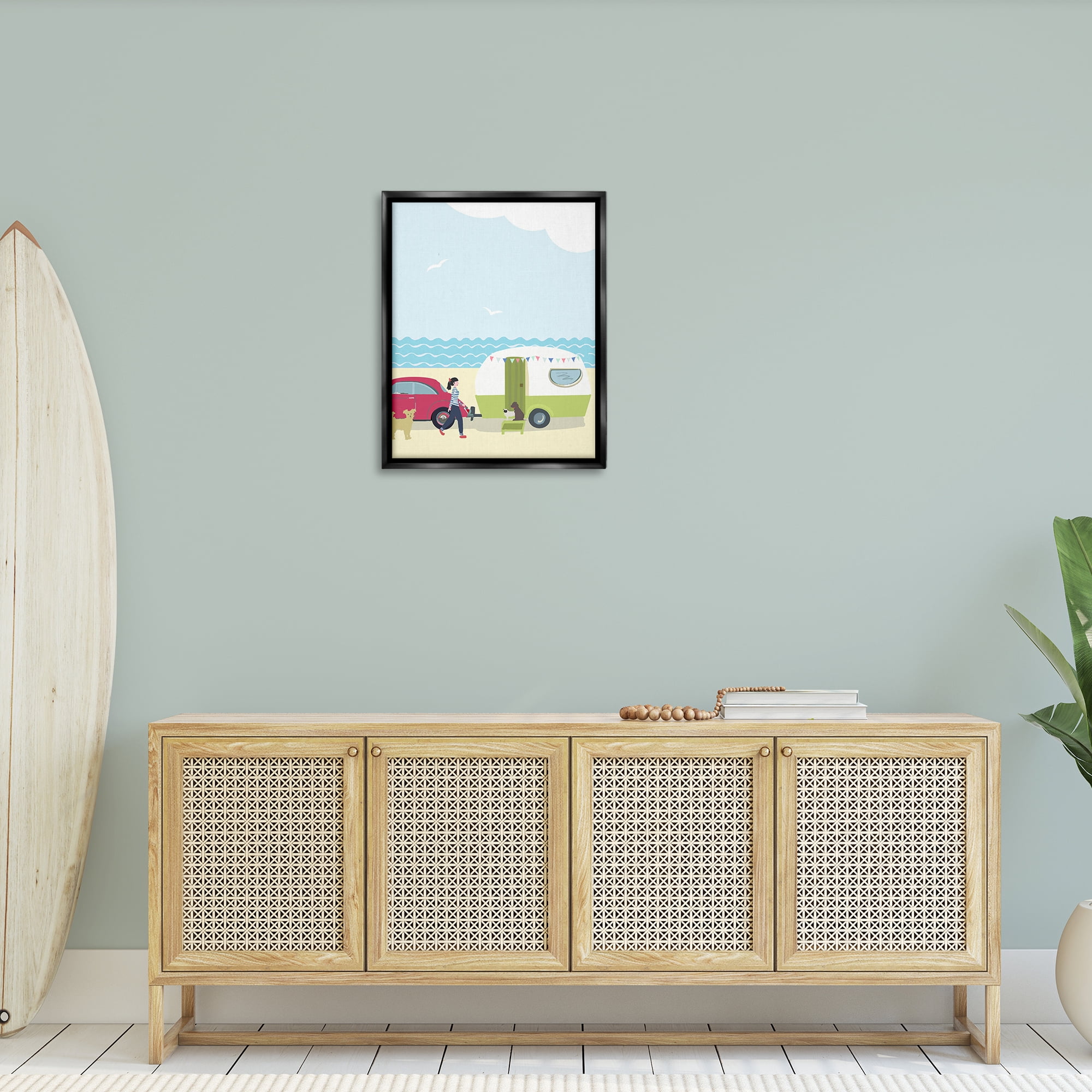 Stupell Industries Beach Day with Dogs Nautical & Beach Painting Black Floater Framed Canvas Art Print Wall Art, 25 x 31