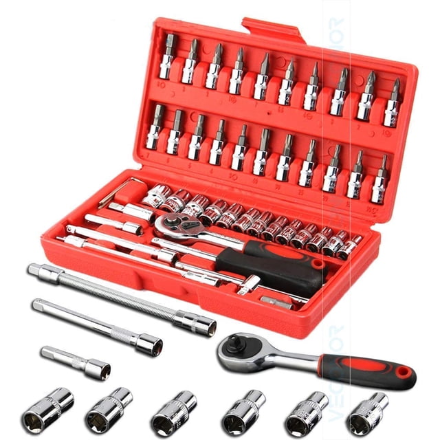 46 Pcs Socket Screwdriver Set - 1-4" With Ratchet, Wrenches, Bits, Extensions, Adaptor & Tool Box - Complete Kit | For Home Use & Professional Use | Compact, Portable Design, Easy Use