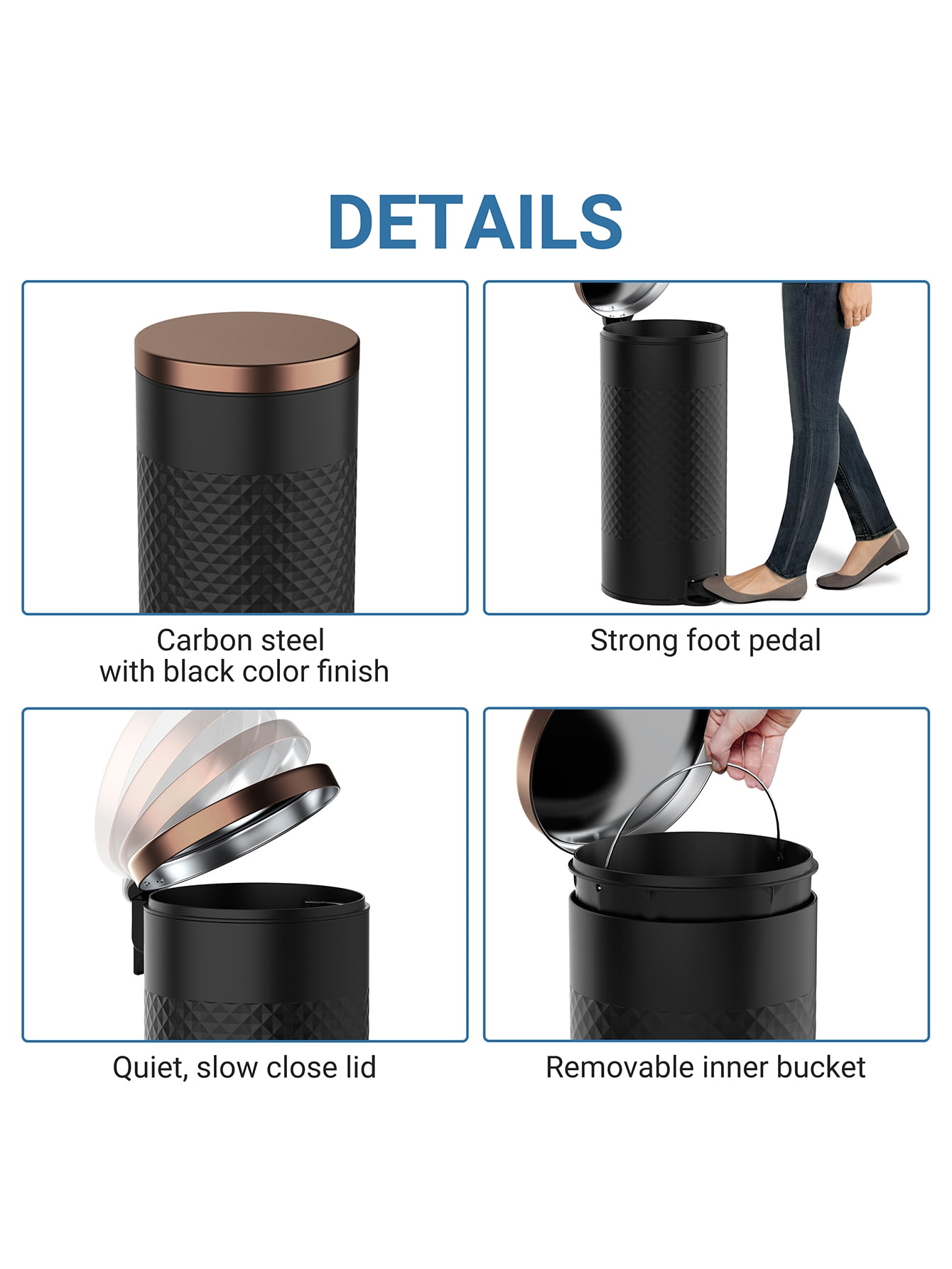 Innovaze 8 gal. Carbon Steel Step-on Trash Can, Matt Black Metal Round Garbage Can with Diamond Body for Kitchen