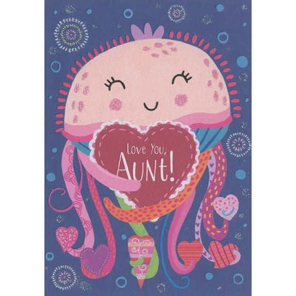 Designer Greetings Cute Smiling Octopus Holding Hearts in Each Tenticle Juvenile Valentine's Day Card for Aunt