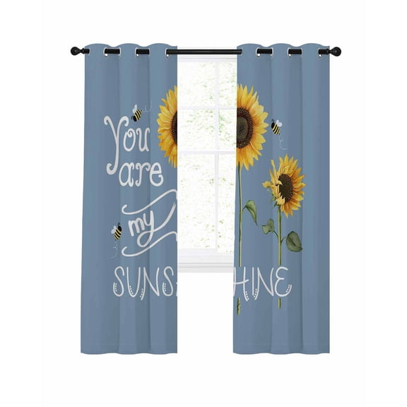 Sunflowers Blackout Curtains, Light Blocking Print Window Curtains, Modern Bee You Are My Sunshine Blue Thermal Insulated Window Drapes for Living Room Kitchen Cafe 2 Panels, 55"W x 39"L