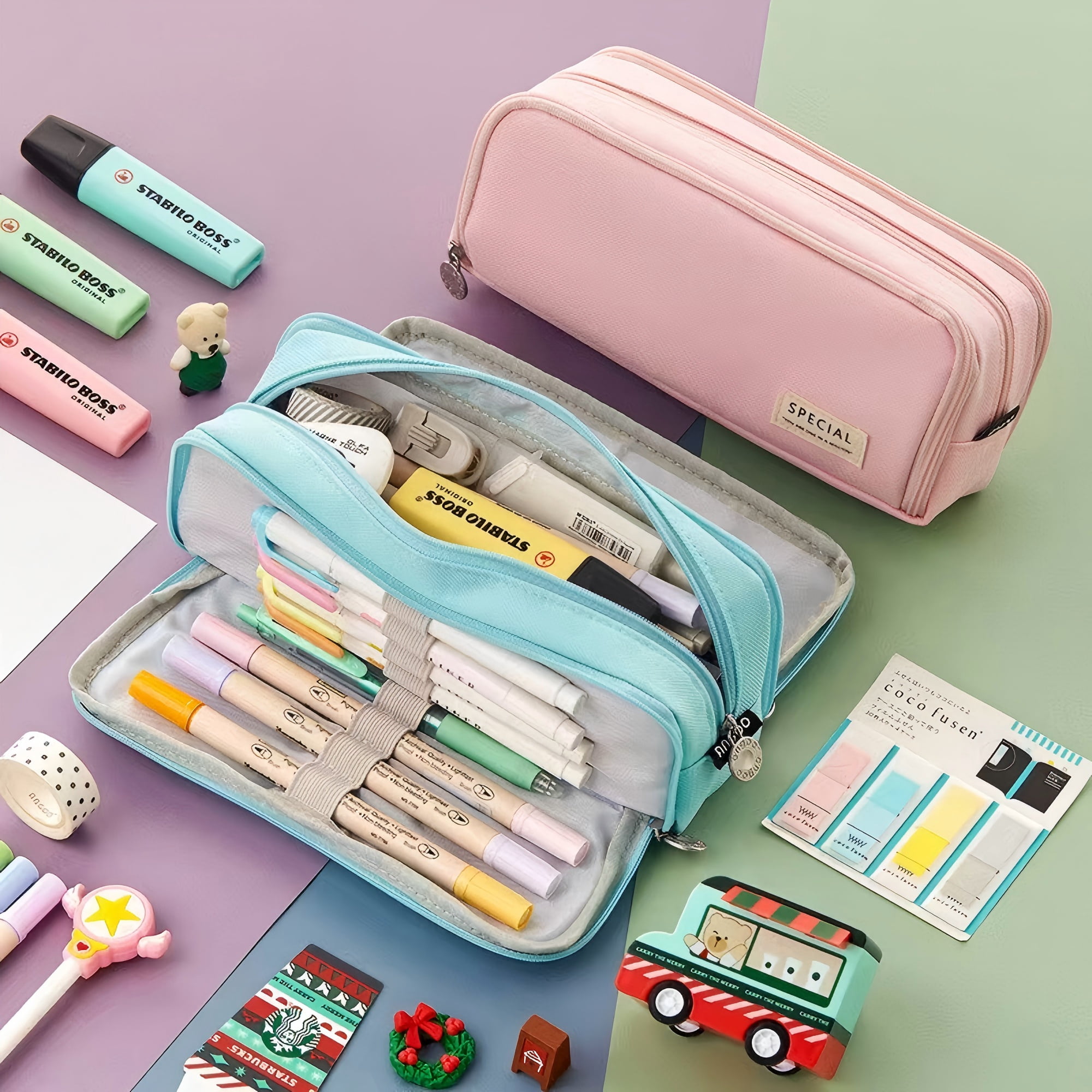 Heluo.Zu Office Pencil Case,Colored Pencils Pouch for Students Stationary,3 Compartments Canvas Pencil Bag Pencil Boxes with Zipper,Pink
