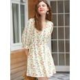 thumbnail image 2 of Vestido Acampanado Floral Volante Fruncido Manga 3/4 De Soplo Cuello Pico Para Mujer Blanco L, 2 of 6