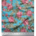 thumbnail image 1 of Soimoi Tissu Georgette Viscose Bleu Imprimé Feuilles & Roses au Mètre 42 Pouces de Large, 1 of 3