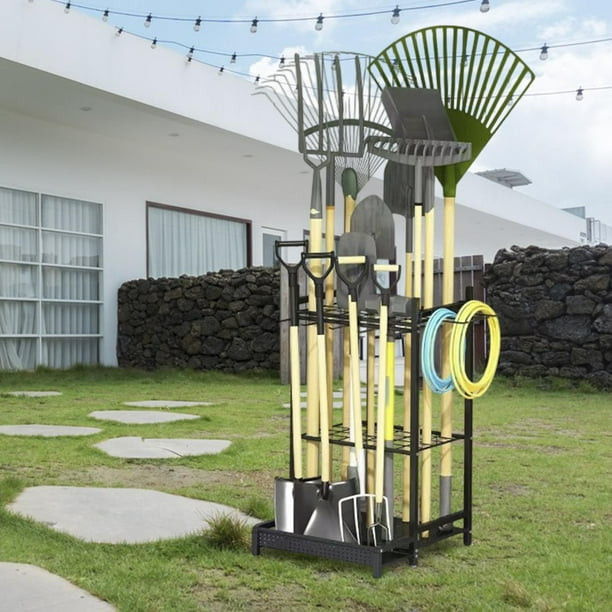 Organizador de herramientas de jardín, titular de almacenamiento de estante de acero para herramientas de patio con ganchos para el césped de almacén Sin ruedas