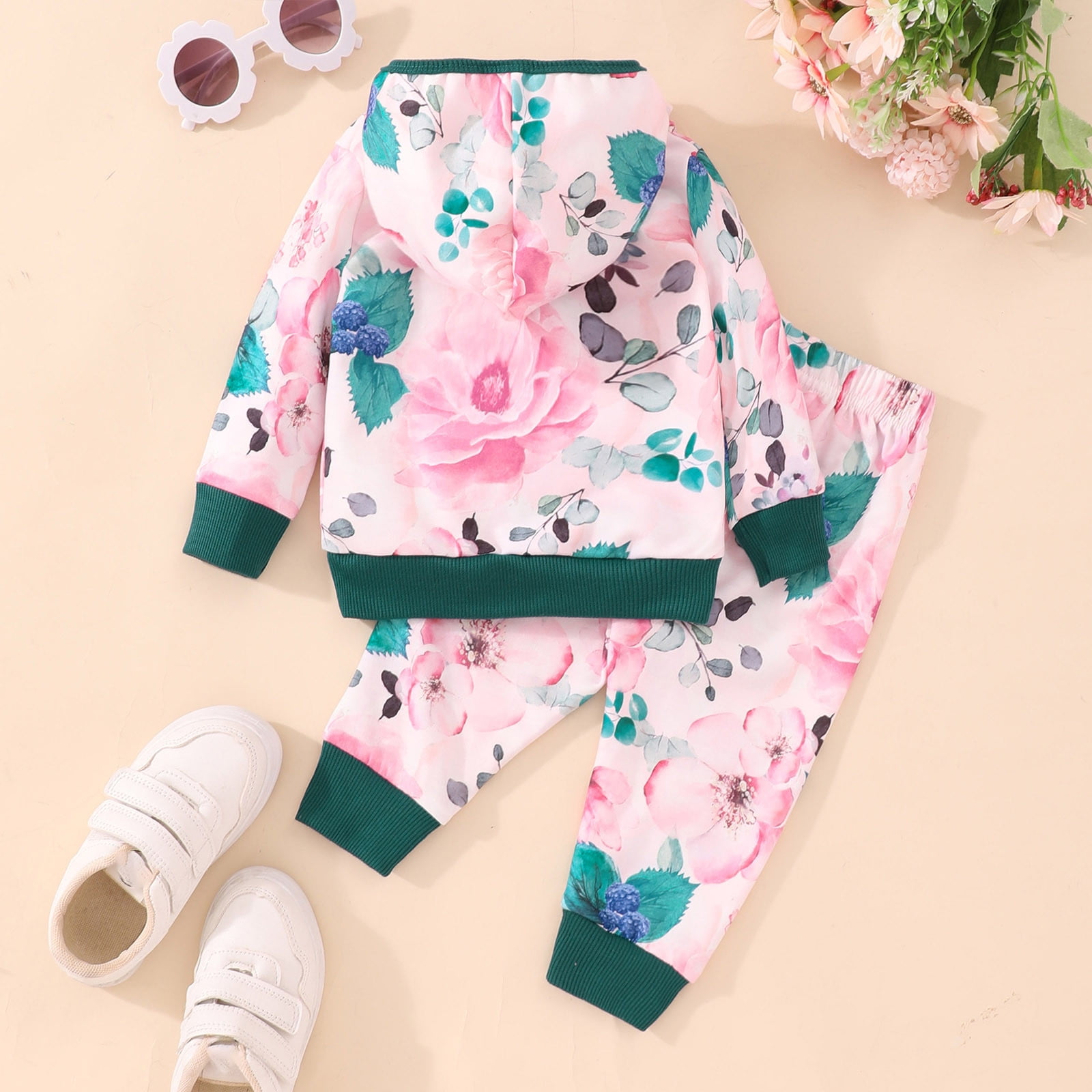 2-piece Toddler Girl Letter Print Ruffled Pullover Sweatshirt and Bowknot Design Floral Print Pants Set