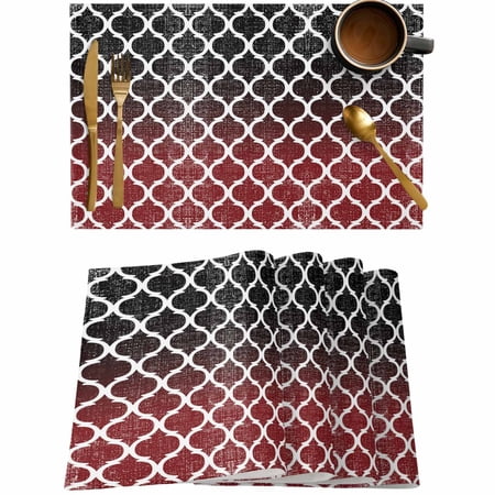 Moroccan Gradient Pattern Placemats Set of 4,Wipeable Washable Table Mats for Dining Tables,Retro Red Black White Place Mats for Kitchen Event Party Tabletop Decor
