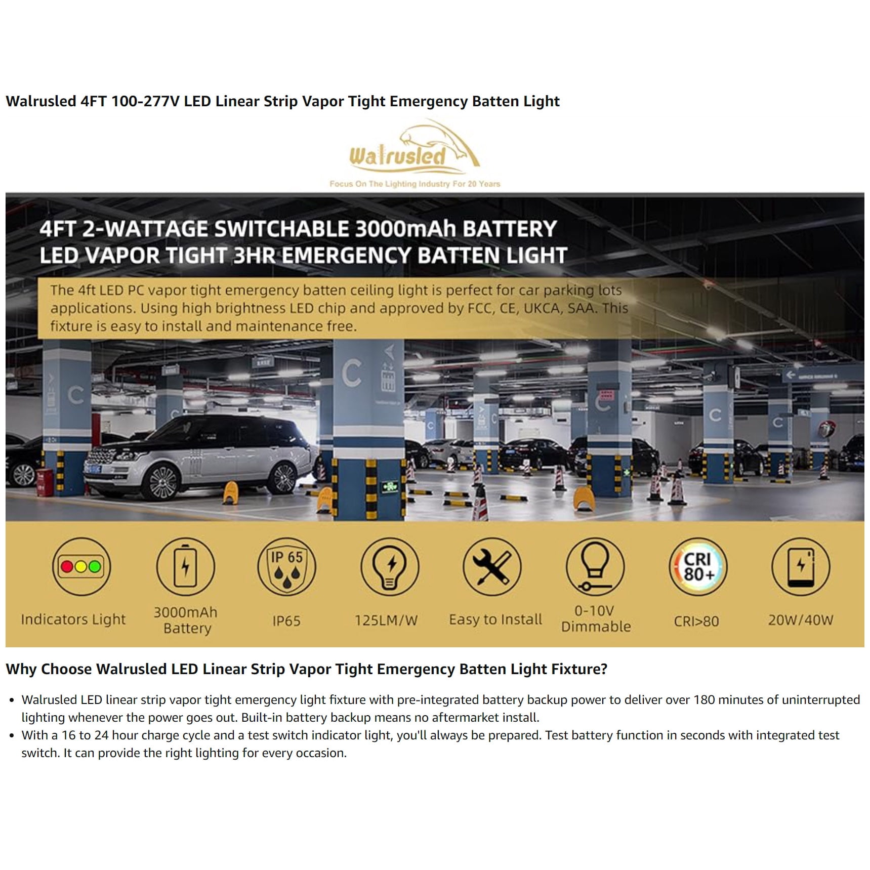 4FT LED Vapor Tight Emergency Light, Battery Backup IP65 IK08 20W/40W 125LM/W LED Vapor Proof Fixture, 5000K, 100-277V, 0-10V Dimmable 4 Foot Waterproof LED Outdoor Shop Light Fixture for Carport,FCC