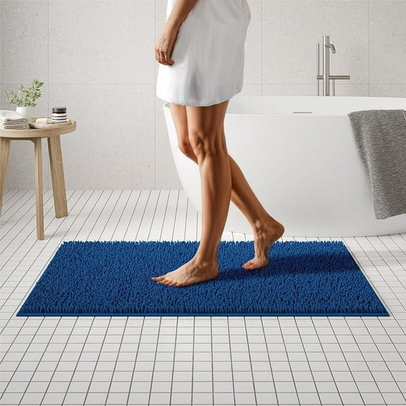 Mayshine Luxury Bathroom Mats, Super Absorbent Plush Chenille Bathmat Runner, Dark Blue, 27.5" x 47"