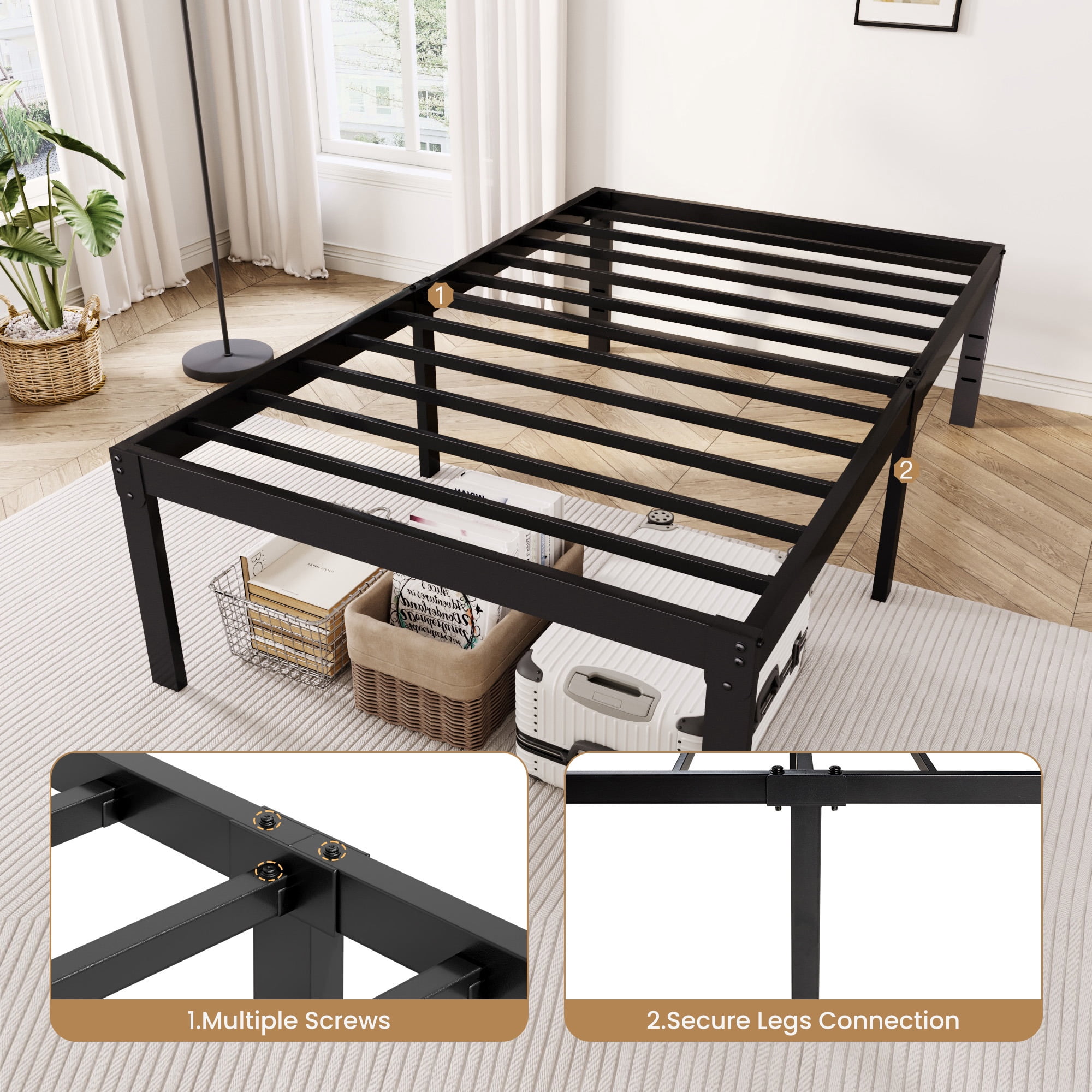 Merrland 18" Twin Size Metal Platform Bed Frame, Heavy-Duty, Ample Under-Bed Storage, No Box Spring Needed, Black