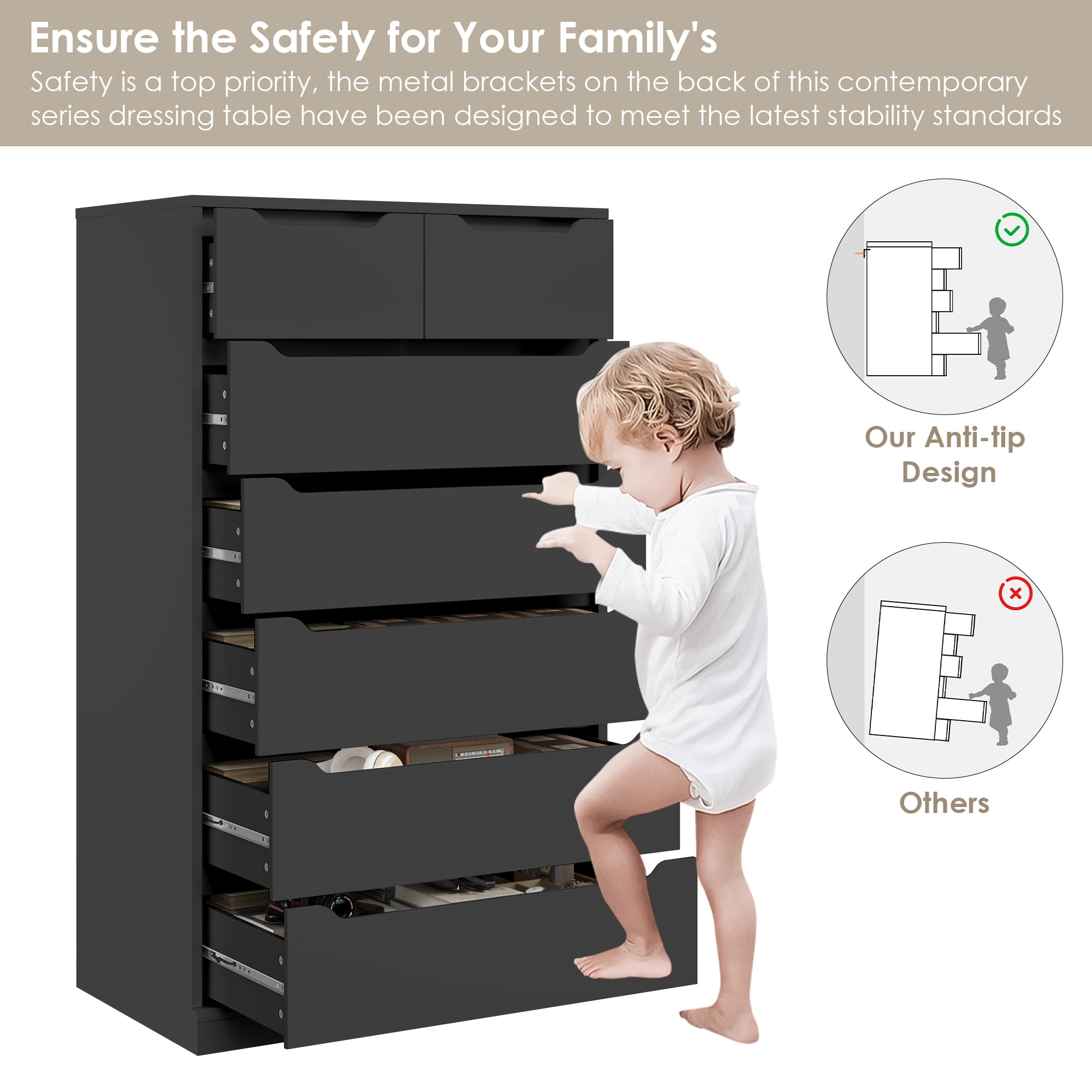 Homfa 7 Drawer Black Dresser, 51.3"H Wood Storage Cabinet with Upgraded Stable Base, Vertical Chest for Bedroom Living Room
