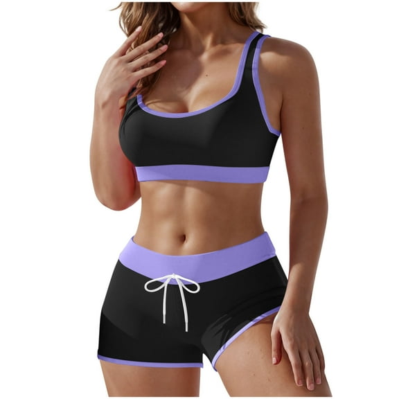 Staron Women's Two-Piece Swimsuit Solid Color V-Neck Tankini Boyshort Bottom Conservative Beach Swimsuit, Purple L