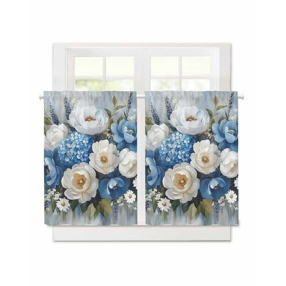 Spring Flowers Short Blackout Curtains 45 Inch Long Hydrangea Camellia Oil Painting Rod Pocket Kitchen Curtains, 2 Panels Thermal Insulated Room Darkening Drapes for Bedroom, 30"W x 45"L