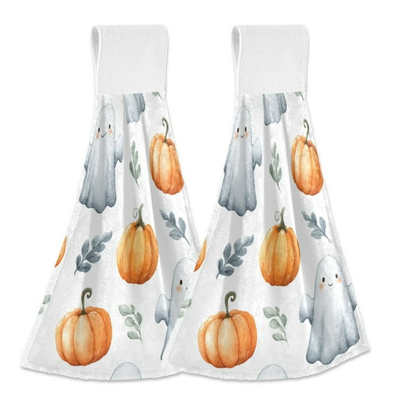 Flying Specters Leaves Pumpkins Halloween Hanging Towels with Loop Hand Towels Nylon Fastener Tape Design Dish Cloths 2 Pieces