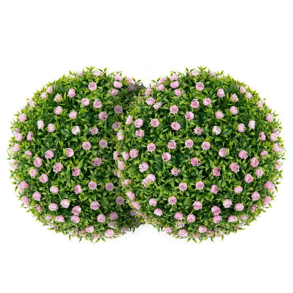 Spaco 2 Pieces Artificial Plant Topiary Balls, 17.5 Inch Faux Decorative Balls with Pink Flowers, Artificial Topiary Balls for Indoor and Outdoor, Green