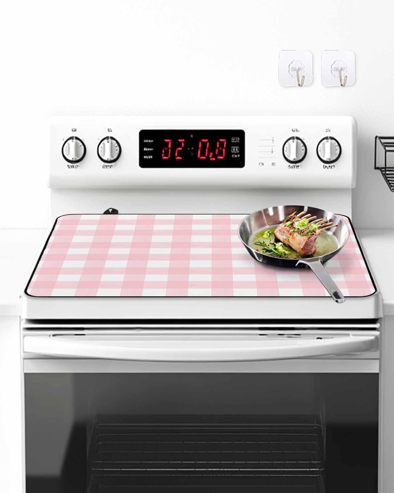 Stove Top Covers for Electric Stove, Pink Buffalo Plaid Glass Stovetop Cover Protector, Farmhouse Pink White Checkered Induction Cooktop Protector Oven Mat for Kitchen Countertop 24"x21"