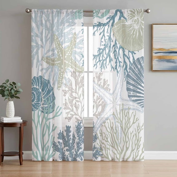 Blue Coral Coastal Sheer Curtains 84 Inch Length 2 Panels Set, Summer Beach Ocean Starfish Conch Voile Window Treatment Rod Pocket Curtains Sheers Drapes for Bedroom/Living Room/Kitchen 52"x84"x2