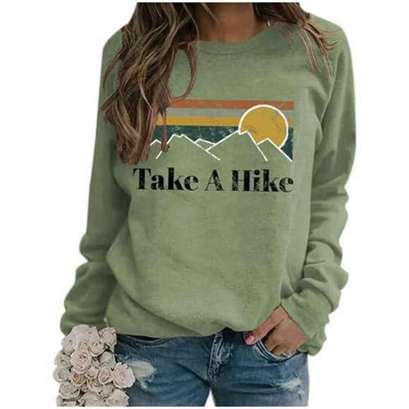 EHQJNJ Women Sweatshirts No Hood V Neck Women's Fashion Take A Hike Letter Print Long Sleeved Shoulder Hoodie Vintage Sweatshirt Crewneck Sweatshirts Women