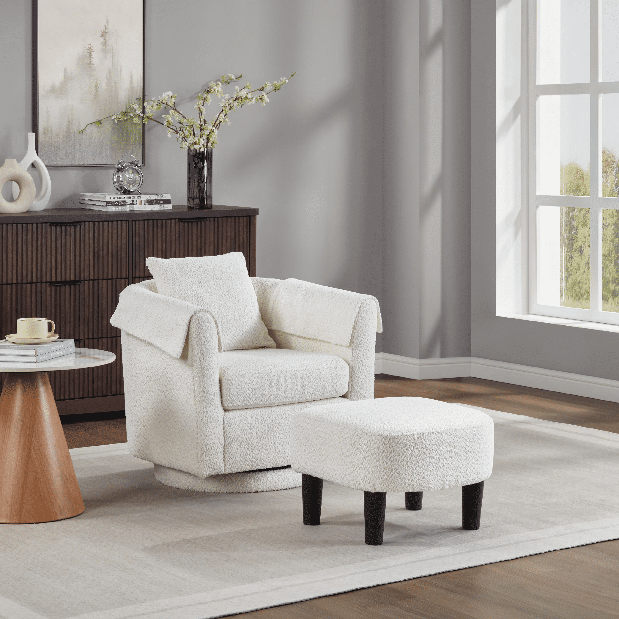 Aukfa Swivel Barrel Accent Chair with Ottoman, Upholstered Armchair Lounge Chair with Pillow & Armrest Covers,White