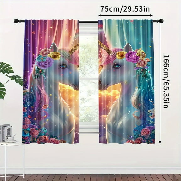 2-Piece Set Rainbow Unicorn with Floral Print Curtain-with Rod Pocket Design, Polyester Material, Suitable for Living Room, Bedroom, Kitchen and Restaurant Decoration