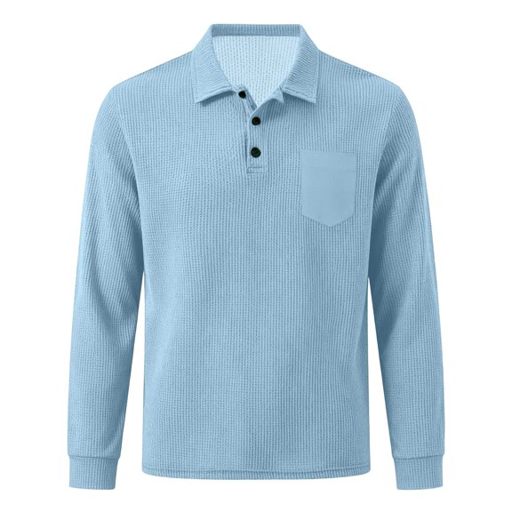 Mifsaly Mens Long Sleeve Shirts Waffle Knit Lapel Collar Blouses Casual Daily Golf Shirts for Spring Fall Light Blue,XXL