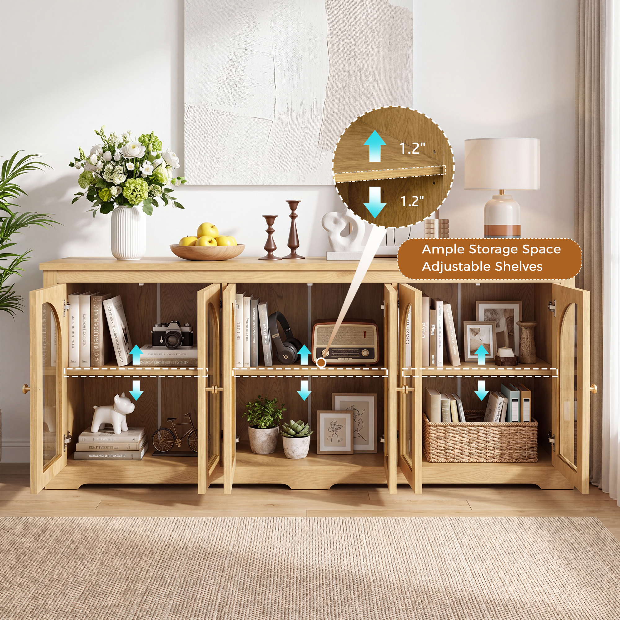 HOQBN 68" Modern Arched Glass Sideboard with 6 Doors, Buffet Cabinet with Storage and Adjustable Shelves, Large Credenza for Living Room,Kitchen,Entryway,Natural