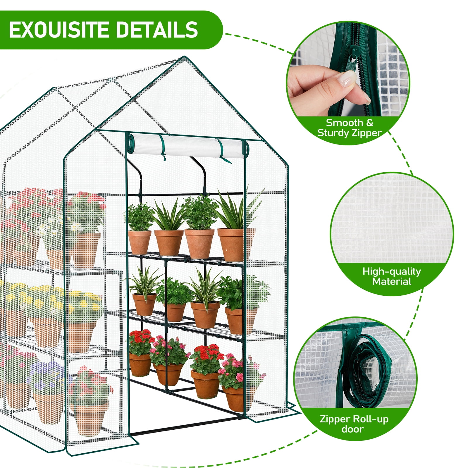 Zimtown 56"x56" Walk-In Greenhouse with 8 Shelves, PE Cover, Zippered Door, Vent Window, Sturdy Frame, White