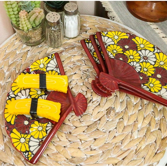 Ebros Set Of 4 Colorful Sunflowers Garden Oriental Fan Shaped Sushi Plates