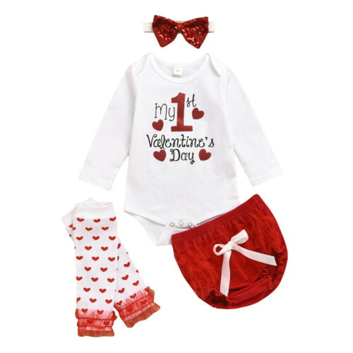 Valentines Day Outfit Baby Girl My First Valentines Day Romper and Tutu Skirt Leg Warmers 4PC Clothes Set 