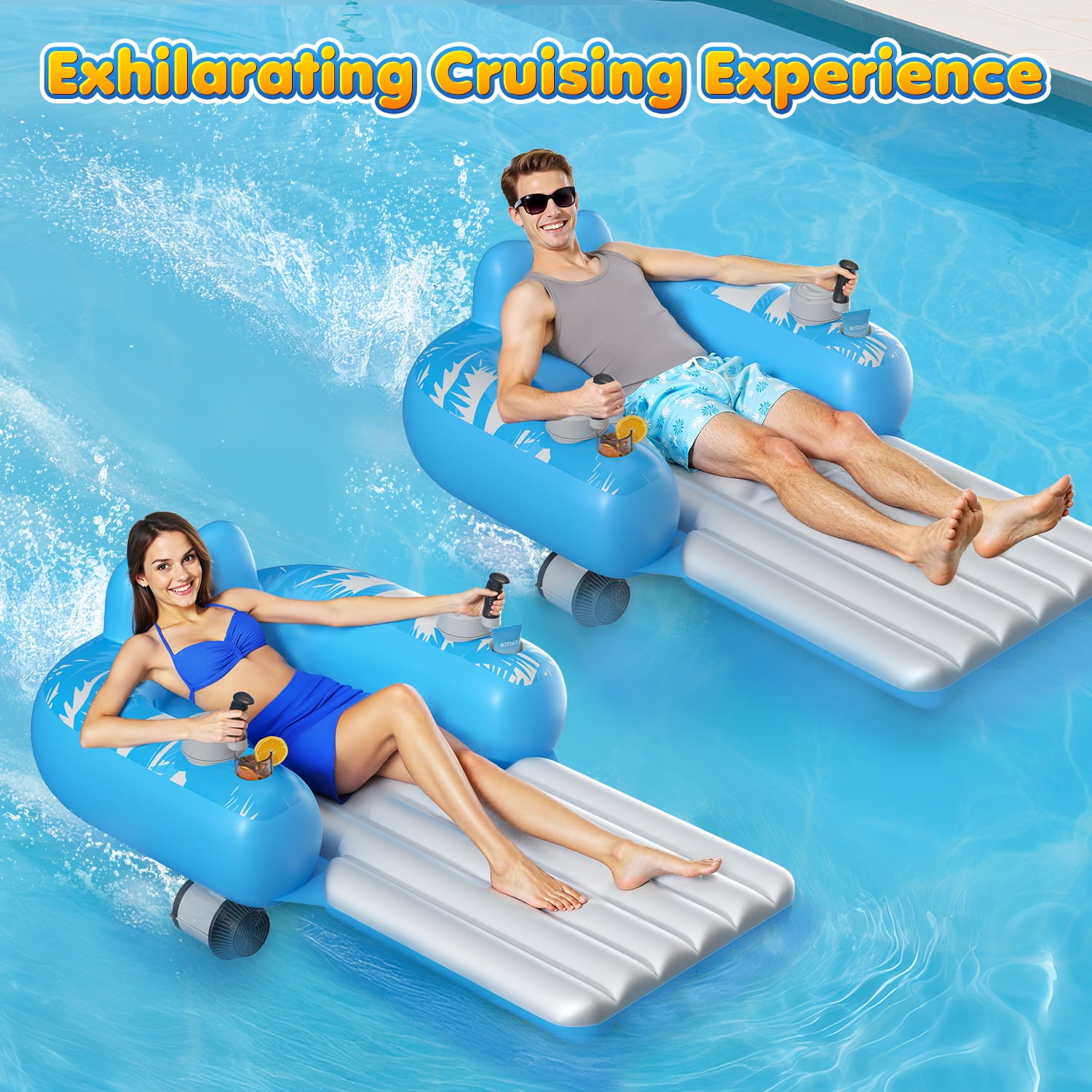 Hot Bee Electric Pool Lounger for Adults, Rechargeable Motorized Float with Dual Propellers, Handheld Remote, Cup Holders & 360° Movement, Summer Floating Water Lounge Chair