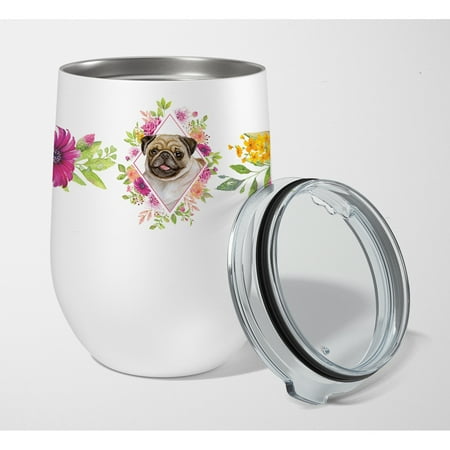 

Carolines Treasures CK4174TBL12 Fawn Pug Pink Flowers Stainless Steel 12 oz Stemless Wine Glass 12 oz multicolor
