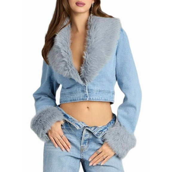 Women Denim Jacket Faux Fur Collar Warm Winter Jean Jacket Blue S