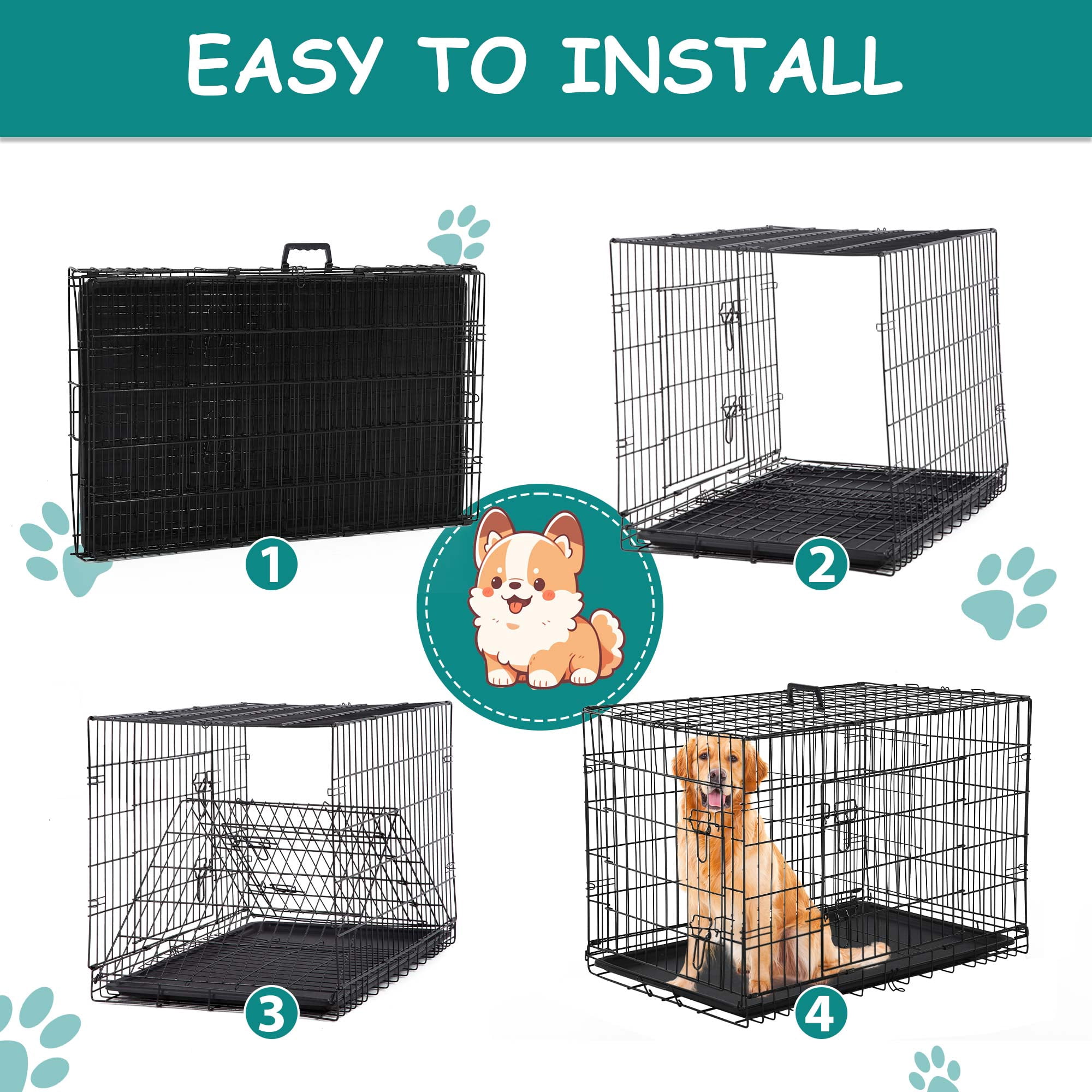 CL.HPAHKL 42 inch Dog Cage for Large Dogs Indoor, Folding Dog Crates and Kennels Double Door, Pet Cage with Tray Pan for Dogs