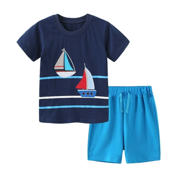 Toddler Boys Outfit Sets Cartoon Sailboat Print Short Sleeve T-Shirt And Shorts Set Summer Cute Kids Boys Outfits Sets,2Piece ,7 -8 Years