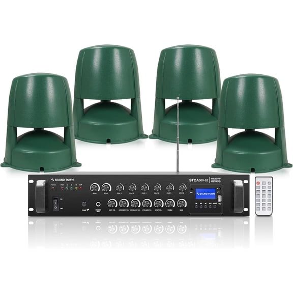 Sound Town Commercial Residential Omni Outdoor Speaker Amplifier Set, One 6-Zone 70V/100V Amplifier with Bluetooth, 4 x 6.5 High-Fidelity Outdoor 360° Dispersion Speakers, Green (STCA360X4OMNI62G)
