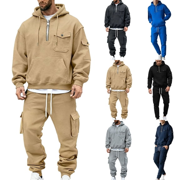 mihongmao Western Outfit for Men Casual Pullover Hooded Sports Solid Long Sleeve Trousers Two-Piece Elastic Waist Tracksuit Black XL