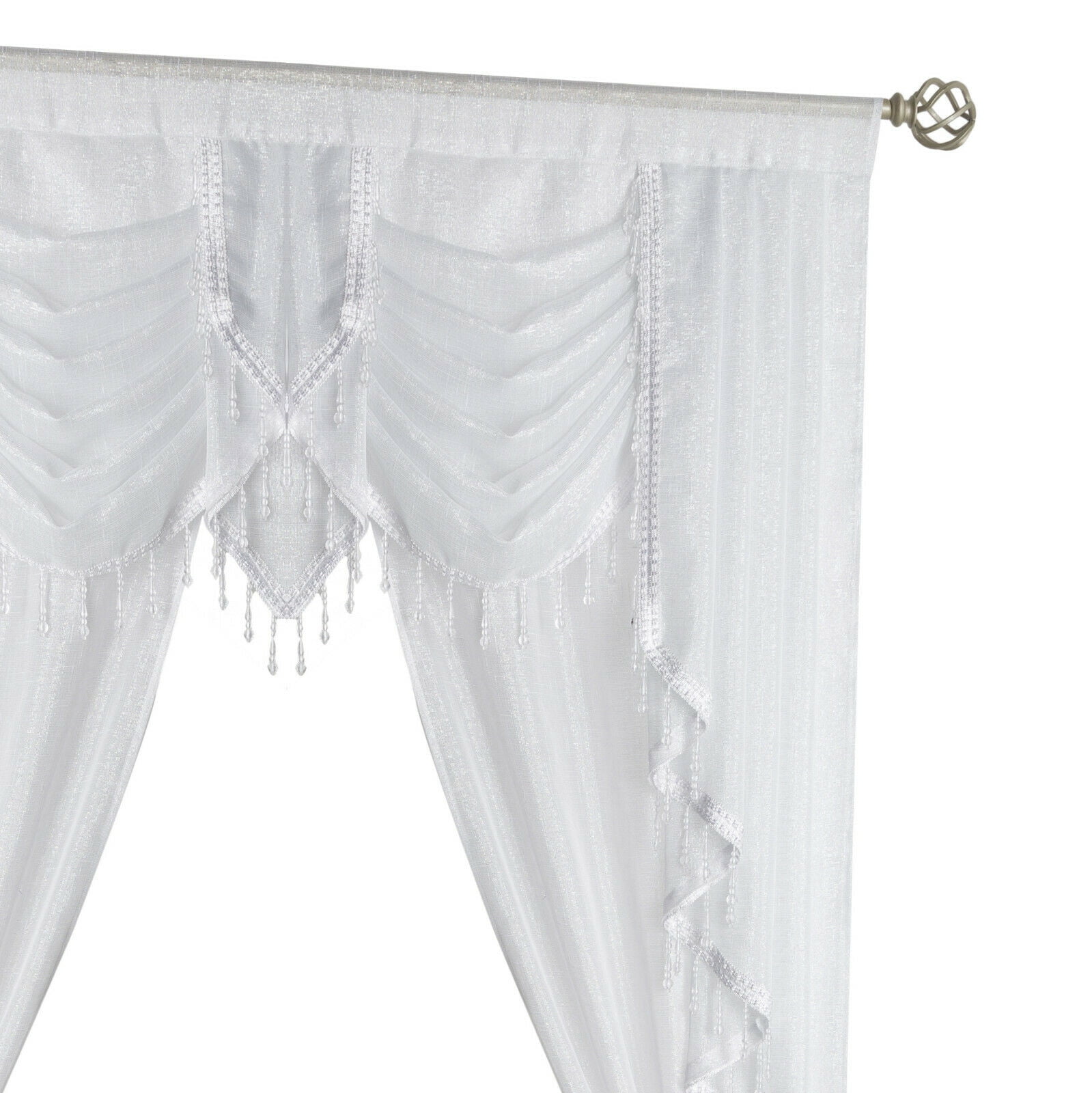 Ultra Glam Beaded Sparkly Sheer Window in a Bag Curtain Set - White