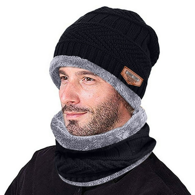 Conjunto de gorro y bufanda de punto cálido para invierno, gorro grueso y resistente al viento, mezcla de lana de 2 piezas, para hombre, para exteriores, ropa para clima frío, viajes