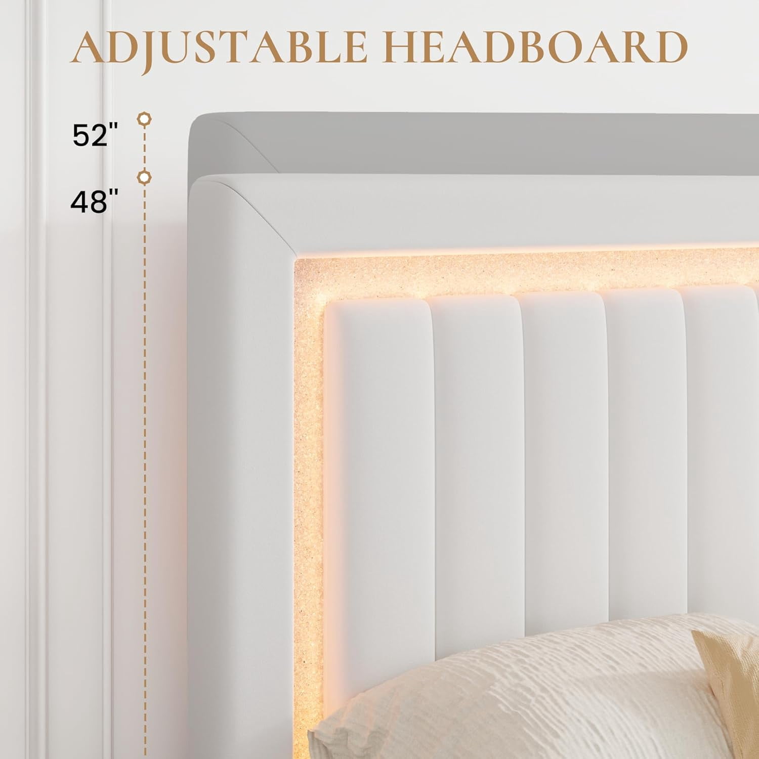 SHA CERLIN King Size Velvet Bed Frame with LED Light, Adjustable Vertical Channel Tufted Headboard, Strong Wooden Slats Support, Noise-Free, No Box Spring Needed, White