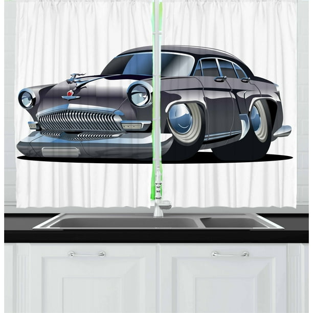 Cars Curtains 2 Panels Set, Retro Inspired Car Design with Asymmetric Tires Fast Car Speeding