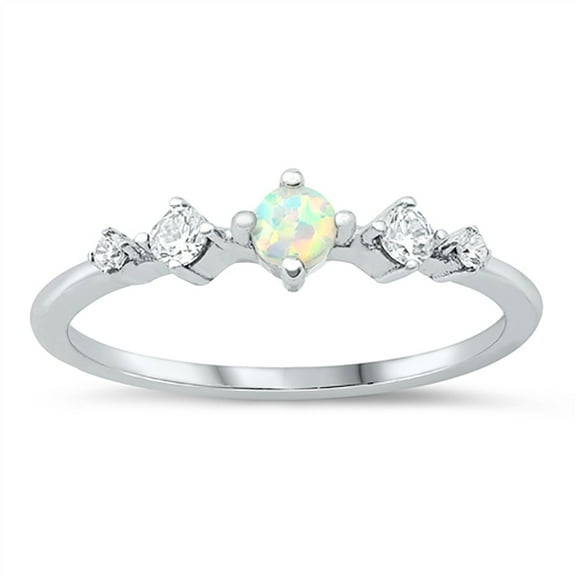 White Simulated Opal Center Cubic Zirconia Five Stone Stackable Ring Sterling Silver Size 6