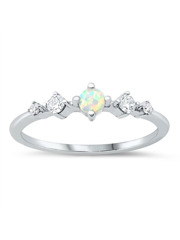 White Simulated Opal Center Cubic Zirconia Five Stone Stackable Ring Sterling Silver Size 9