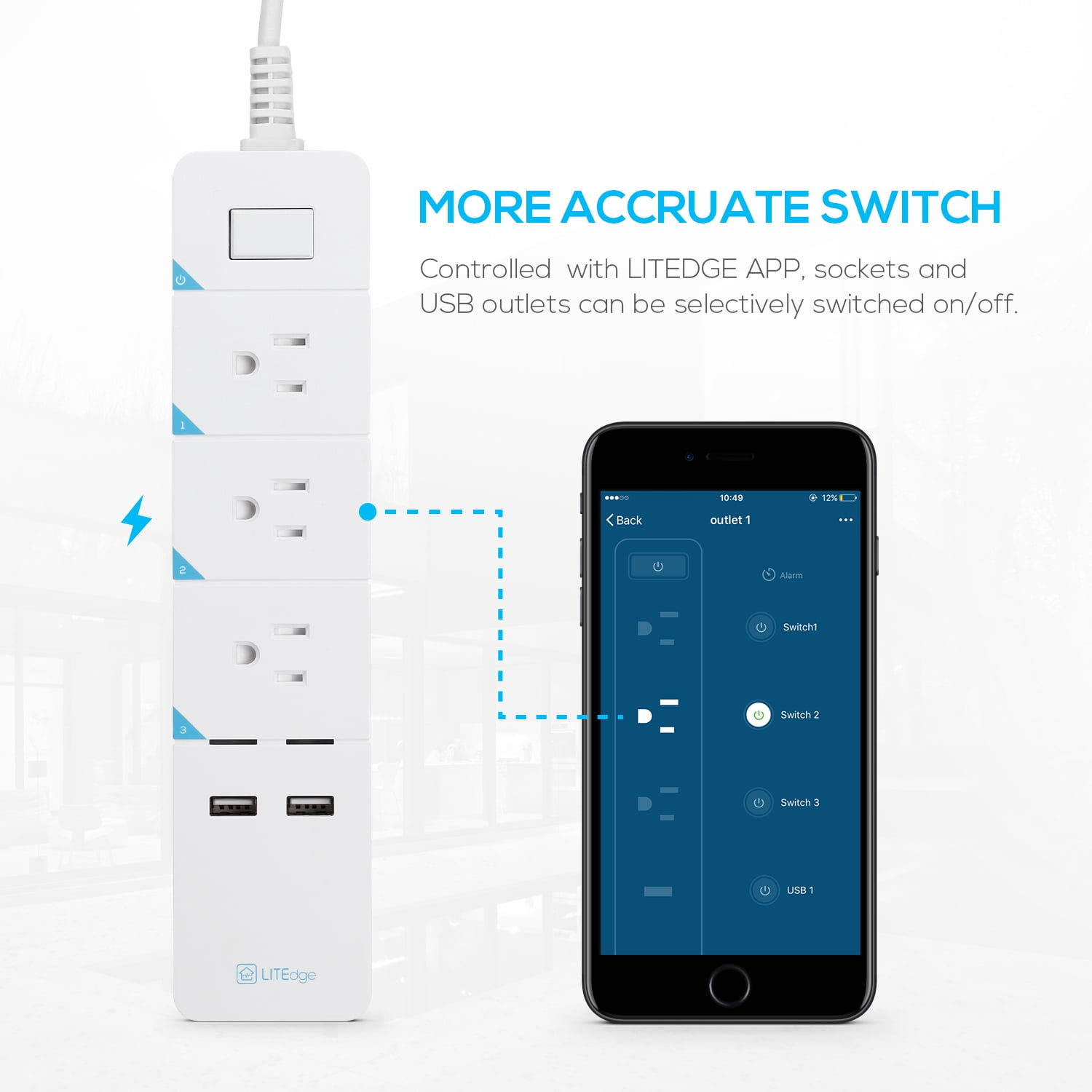 LITEdge Smart Power Strip with Surge protection, No Hub Needed Multi-Outlet with 2 USB Ports + 3 AC Outlets, Control with App on Phone