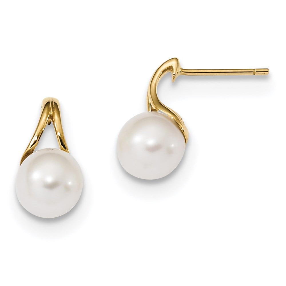 14K Yellow Gold 7-8MM White Round Freshwater Cultured Pearl Post Earrings