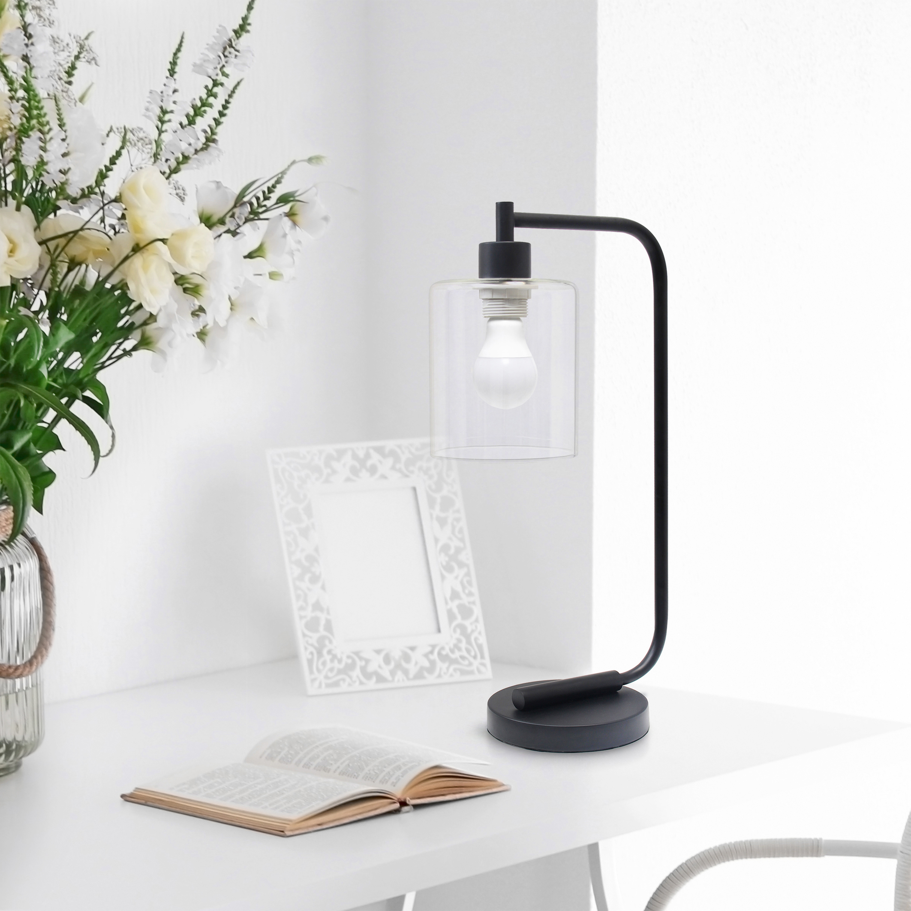 Lalia Home 18.8" Modern Iron Desk Lamp with Glass Shade, with LED Bulb, Black