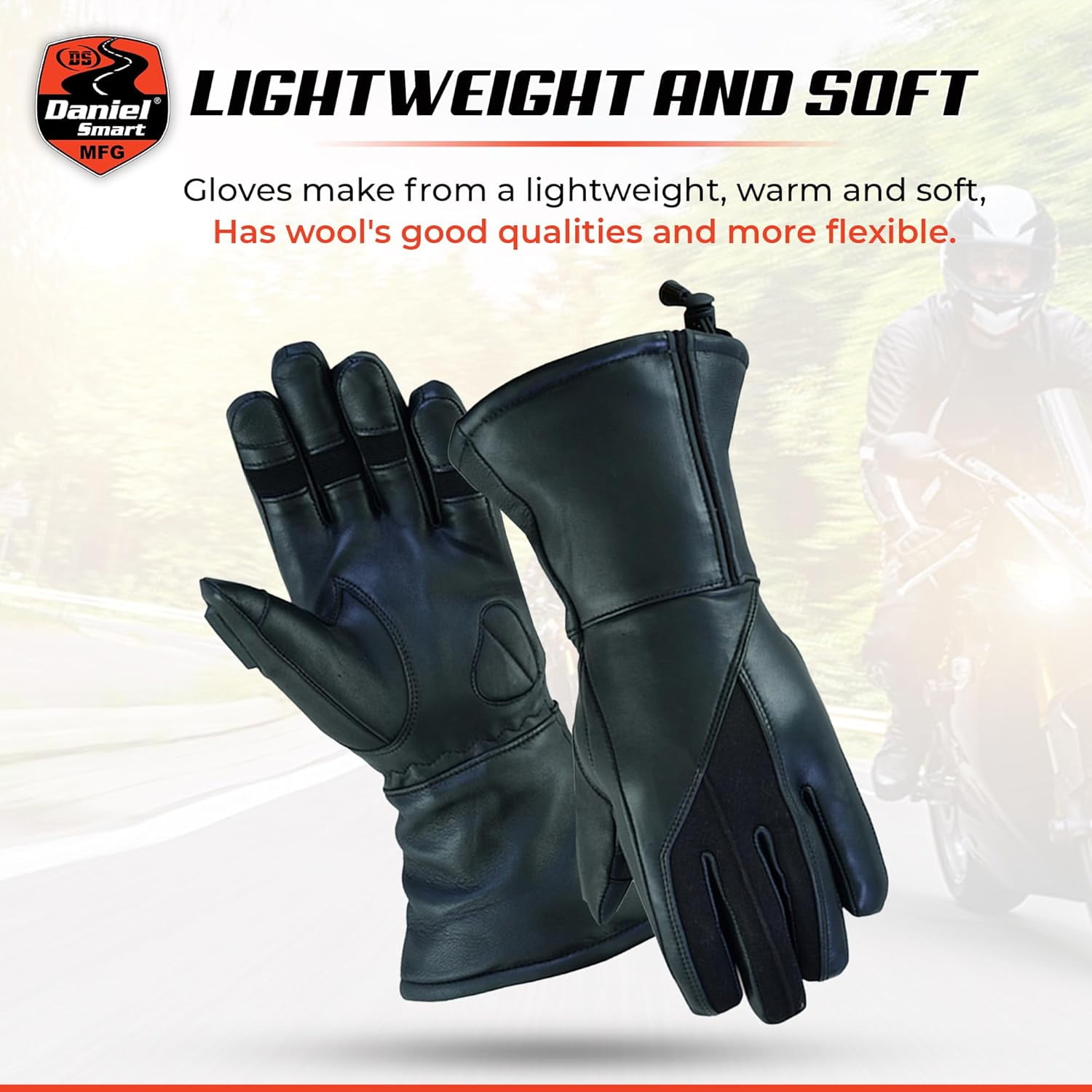 Daniel Smart Motorcycle Leather Winter Gloves Close Out Cow Hide Heavy Duty with Adjustable Wrist Strap and Touch Screen Fingertips- M